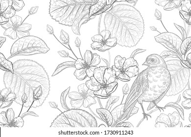 Blooming Japanese cherry. Tree branches with flowers and cute bird. Spring floral vintage seamless pattern. Vector illustration. Template for design textiles, paper, wallpaper. Black and white sketch.