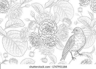Blühende japanische Kirsche. Bäume Äste mit Blumen und süßem Vogel. Frühlingsblütenvintage nahtloses Muster. Vektorgrafik. Vorlage für Design-Textilien, Papier, Tapete. Schwarz-Weiß-Skizze.