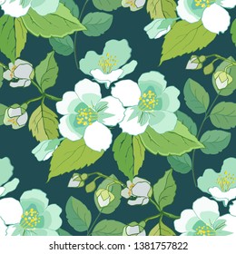 Blooming jasmine seamless pattern. Spring vector background. Floral wallpaper. Decorative ornament for fabric, textile, wrapping paper. 