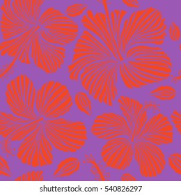 Blooming jungle, hibiscus. Motley vector illustration. Exotic pattern with violet and orange tropical flowers.