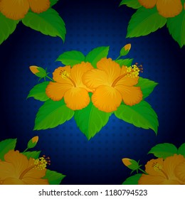 Blooming jungle, hibiscus seamless pattern. Motley vector illustration. Seamless exotic pattern with blue, green and yellow tropical flowers.