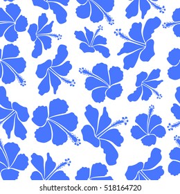 Blooming jungle, hibiscus seamless pattern. Motley vector illustration. Seamless exotic pattern with blue and white tropical flowers.