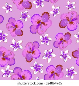 Blooming jungle, hibiscus seamless pattern. Motley vector illustration. Seamless exotic pattern with pink, violet and brown tropical flowers.