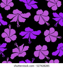 Blooming jungle, hibiscus seamless pattern. Motley vector illustration. Seamless exotic pattern with violet and black tropical flowers.