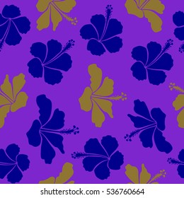 Blooming jungle, hibiscus seamless pattern. Motley vector illustration. Seamless exotic pattern with blue, neutral and violet tropical flowers.