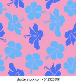 Blooming jungle, hibiscus seamless pattern. Motley vector illustration. Seamless exotic pattern with blue and pink tropical flowers.