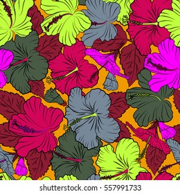 Blooming jungle, hibiscus seamless pattern. Motley vector illustration. Seamless exotic pattern with yellow, magenta and green tropical flowers.