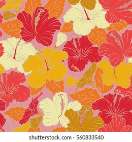 Blooming jungle, hibiscus seamless pattern. Motley vector illustration. Seamless exotic pattern with yellow, pink and beige tropical flowers.