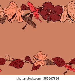 Blooming jungle, hibiscus seamless pattern. Motley vector illustration with copy space (place for your text). Seamless exotic pattern with brown, orange and red tropical flowers.