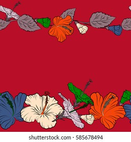 Blooming jungle, hibiscus seamless pattern. Motley vector illustration with copy space (place for your text). Seamless exotic pattern with pink, orange and red tropical flowers.