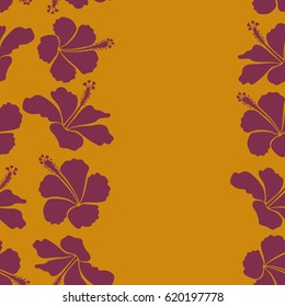 Blooming jungle, hibiscus seamless pattern. Motley vector illustration with copy space (place for your text). Vertical seamless exotic pattern with purple and yellow tropical flowers.
