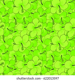 Blooming jungle, hibiscus seamless pattern. Motley vector illustration. Seamless exotic pattern with green tropical flowers.