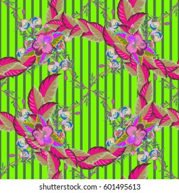 Blooming jungle. Motley vector illustration. Seamless exotic pattern with many pink and green tropical flowers.