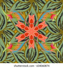 Blooming jungle. Motley vector illustration. Seamless exotic pattern with many pink tropical flowers.
