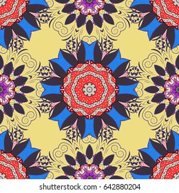 Blooming jungle. Motley vector illustration. Seamless exotic pattern with many blue tropical flowers.