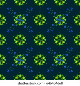 Blooming jungle. Motley vector illustration. Seamless exotic pattern with many blue tropical flowers.