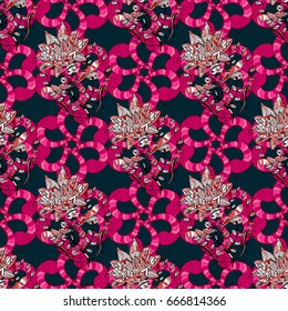 Blooming jungle. Motley vector illustration. Seamless exotic pattern with many pink tropical flowers.