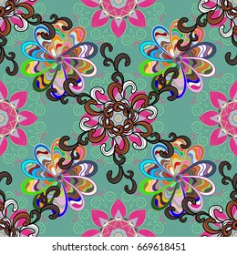 Blooming jungle. Motley vector illustration. Seamless exotic pattern with many pink tropical flowers.