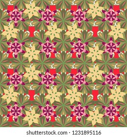 Blooming jungle. Seamless exotic pattern with many green, beige, brown and pink tropical flowers. Motley vector illustration.