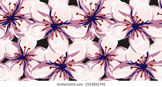 Blooming large flowers pattern. Abstract artistic florals seamless printing on a dark background. Vector hand drawn. Painted ornament for designs, fabric, textiles, 