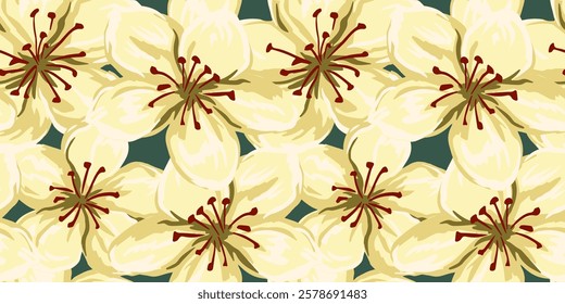 Blooming large flowers pattern. Abstract artistic florals seamless printing on a green background. Vector hand drawn. Painted ornament for designs, fabric, textiles, 