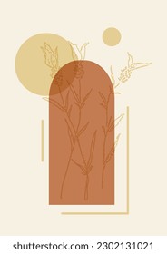 Blooming lavender with abstract elements illustration poster. Neutral boho art