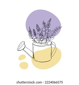 Blooming lavender in a watering can lineart vector illustration. Perfect for T-shirt, sticker, poster, decor and design.


