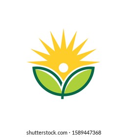 blooming leaf with sunrise in the middle for green agriculture botany and biology science research vector logo design template