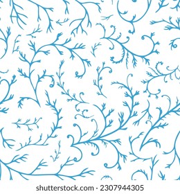 Blooming leaves and branches, floral ornament and motif. Flourishing and blossom, swirls and paisley design or ornaments. Seamless pattern, wallpaper print or background. Vector in flat style