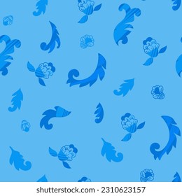 Blooming leaves and flowers, flora adornment with foliage curls and swirls. Floral buds, spring and summer design vegetation. Seamless pattern, wallpaper print or background. Vector in flat style