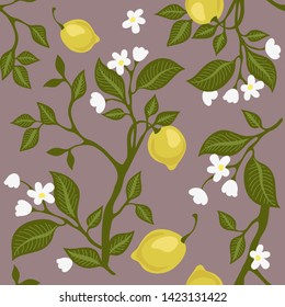 Blooming lemon trees. Seamless vector pattern with citrus plants. Retro textile collection. On beige background.