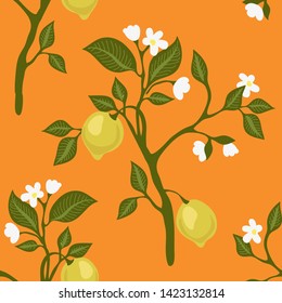 Blooming lemon trees. Seamless vector pattern with citrus plants. Retro textile collection. On yellow background.