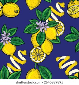 Blooming lemons on branches hand drawn vector seamless pattern in color sketch style. Ripe yellow fruits with slices and zest endless background for fabric and wallpaper. Summer print 