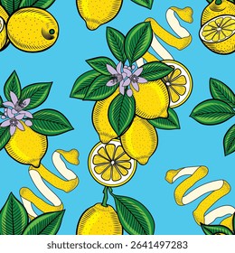 Blooming lemons on branches hand drawn vector seamless pattern in color sketch style. Ripe yellow fruits with slices and zest endless background for fabric and wallpaper. Summer print 