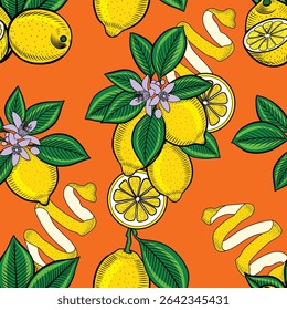 Limões florescentes em ramos desenhados à mão vetor padrão sem emenda no estilo de esboço de cor. Frutos amarelos maduros com fatias e raspado fundo infinito para tecido e papel de parede. Impressão de verão 