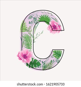 Blooming letter C. Big letter in flowers and leaves. Spring summer letter. Circuit. Gentle light background.