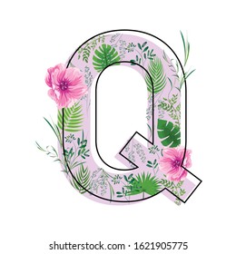 Blooming letter Q. Big letter in flowers and leaves. Spring summer letter. Circuit. Gentle light background.