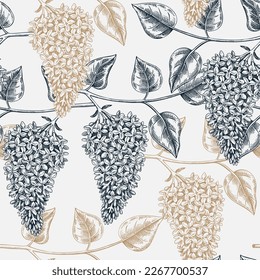 Blooming lilac branches sketch in engraved style. Flowering tree twigs with flowers and leaves in a seamless pattern. Botanical vector background of hand-drawn spring garden plants for print.