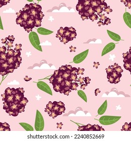 Blooming lilac bushes seamless floral pattern.Spring blossoms, green leaves and clouds on pastel pink.Background and texture for printing on fabric and paper.Vector flat cartoon illustration.