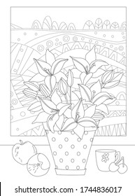 blooming lilies in a flowerpot, fruits and tea cup on the windowsill against rural landscape outside window. growing flowers for your coloring book