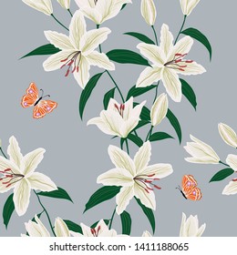 Blooming lily flowers garden seamless pattern and cute butterfly for decorative apparel fashion fabric textile print wallpaper vector illustration