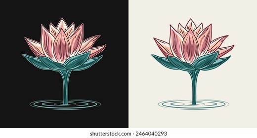 Blooming Lotus flower on stem rising from the water. Side view. Vintage colorful illustration on black, white background.