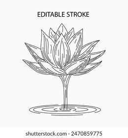 Blooming Lotus flower on stem rising from the water. Side view. Editable stroke. Vintage illustration on black, white background.