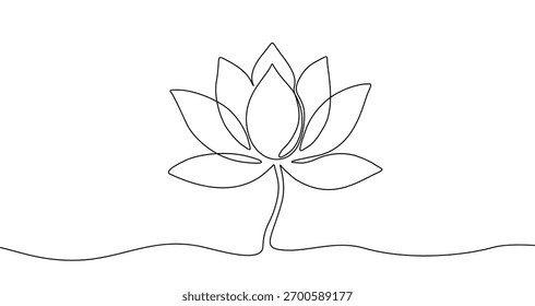 Flor de lótus florescente em uma haste em um estilo de arte de linha. Desenho de um símbolo de espiritualidade e natureza com traço preto editável em um fundo branco. Ilustração vetorial.