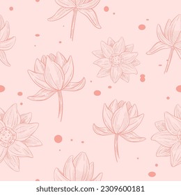 Blooming lotus with leaves and petals. Water lily flora and nature botany design sketch. Flourishing buds on stem with leaf. Seamless pattern, wallpaper print or background. Vector in flat style