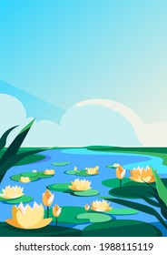 Blooming lotuses on the river. Natural scenery in vertical orientation.
