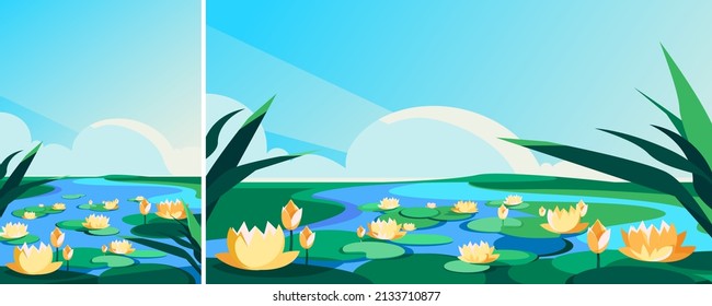 Blooming lotuses on the river. Natural scenery in different formats.