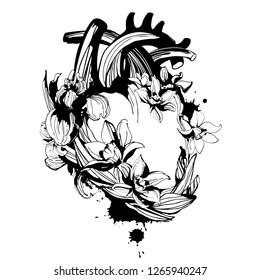 Blooming loving human anatomical heart hand drawn floral pattern ornament spring flowers iris narcissus. Vector grunge illustration for Happy Valentine's Day greeting card t-shirt print. Black white