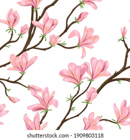 Blooming magnolia branches seamless pattern. Hand drawn vector illustration. Spring season botanical background. Colored vintage ornament. Design for fabric, textile, wallpaper, print, decor, wrap.