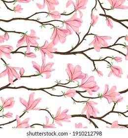 Blooming magnolia branches seamless pattern. Hand drawn vector illustration. Spring season botanical background. Colored vintage ornament. Design for fabric, textile, wallpaper, print, decor, wrap.